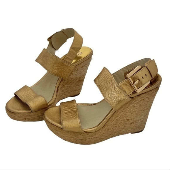 MICHAEL KORS Gold Posey Wedge Sandals Espadrille Platform Leather Pale Sandals - Picture 5 of 11